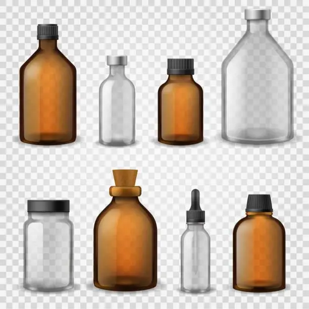 Vector illustration of Medical glass bottles. 3d realistic brown blank packaging, pharmacy syrup bottle, aromatherapy oil cosmetic container vector mockup