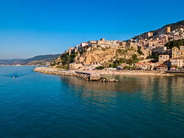 Photo of Aerial view of Pizzo Calabro, pier, castle, Calabria, tourism Italy. Panoramic view of the small town of Pizzo Calabro by the sea. Houses on the rock.