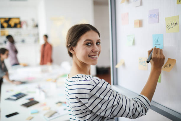 istock Smiling Young Woman Writing on Board 1183974962
