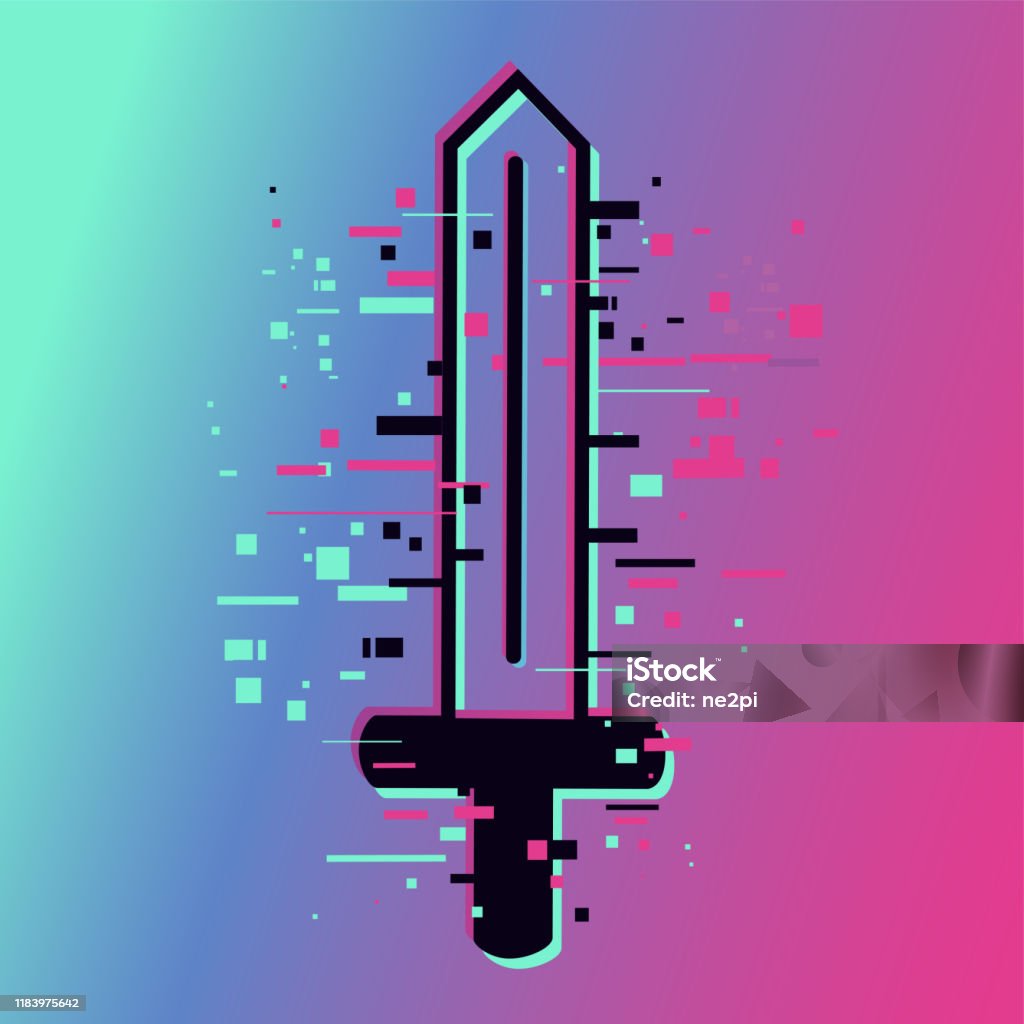 Computer Sword Cyber Sword Video Game Vector Emblem With Glitch Effect Fantasy Battle ...