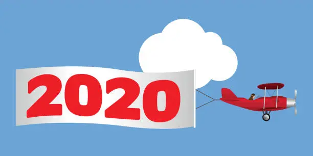 Vector illustration of Greeting card with a plane pulling a banner with a banner written 2020