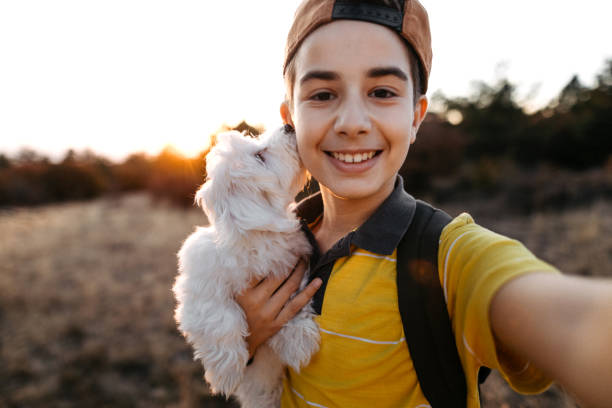 istock Boy taking selfie with Maltese dog 1183976244
