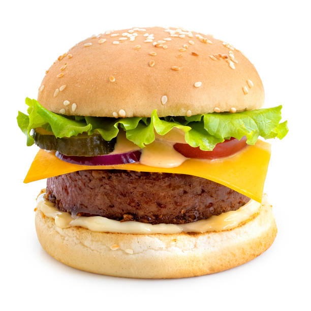 istock Plant based burger in sesame bun with salad and cheese isolated on white. 1183980607