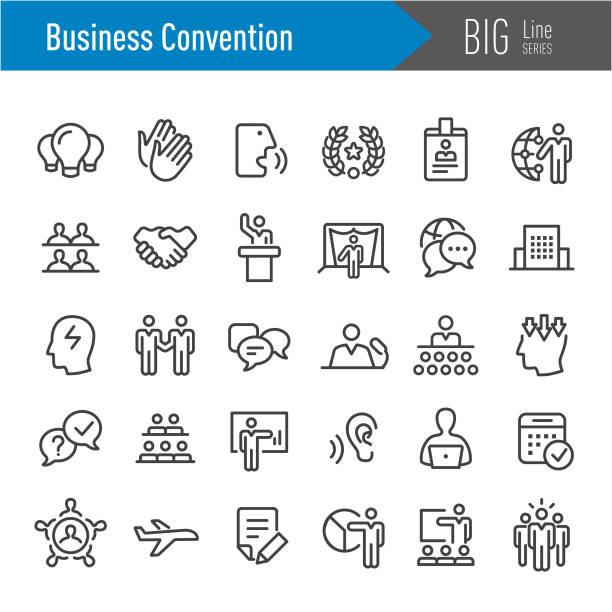 ilustraciones, imágenes clip art, dibujos animados e iconos de stock de iconos de la convención de negocios - big line series - tradeshow conference convention center handshake