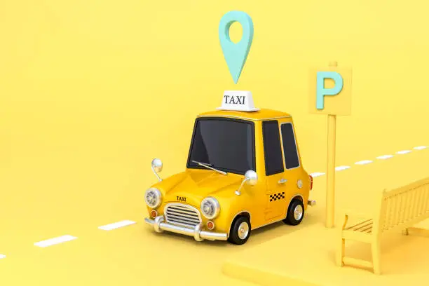 Cute stylized yellow cartoon taxicab with gps pointer online mobile application order taxi service. 3d rendering car illustration. 3D illustration of Vintage Yellow Taxi on yellow background.