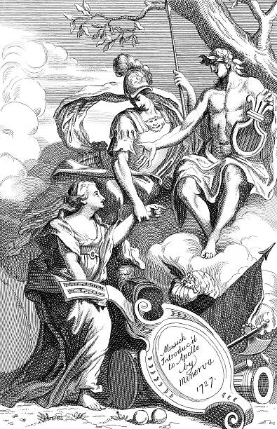 ilustrações de stock, clip art, desenhos animados e ícones de minerva apresenta música de apolo - engraving minerva engraved image roman mythology