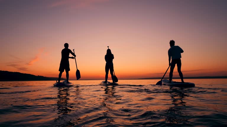 Sports people paddleboarding on sunset background.