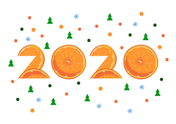 istock 2020 of orange slices. New Year. Confetti, Christmas trees, snowflakes. Isolated objects on a white background. Image for your decor and design. Postcard. 1183985021