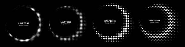 Halftone dots circle frame abstract dots logo emblem design element set. Half moon. Round border Icon using halftone circle dotted raster texture on black background. Vector collection. Halftone dots circle frame abstract dots logo emblem design element set. Half moon. Round border Icon using halftone circle dotted raster texture on black background. Vector collection. half moon stock illustrations
