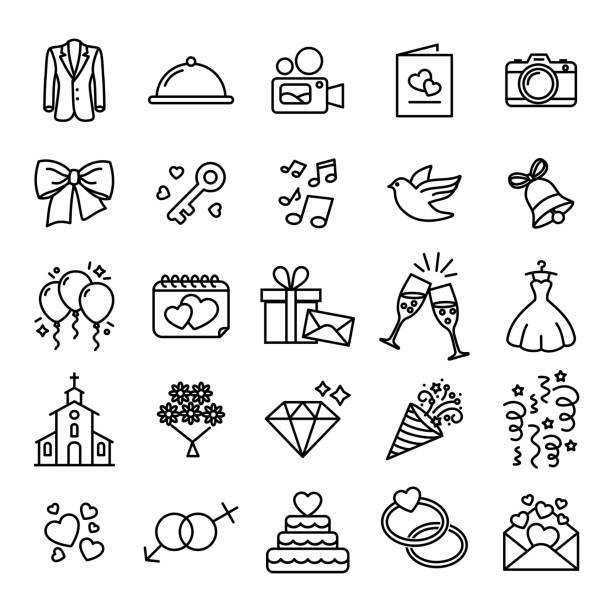 ilustraciones, imágenes clip art, dibujos animados e iconos de stock de colección de conjuntos de iconos de boda - iconos vectoriales de estilo de línea delgada - heart shape stone red ecard