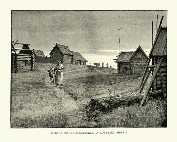 Vintage engraving of a Village scene, Monastykir, Northern Siberia, Russia, 19th Century