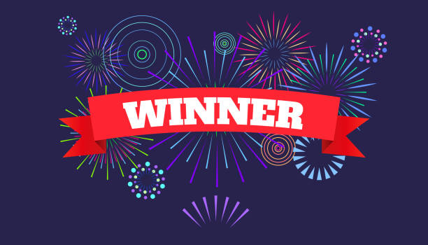 web Winner banner, victory poster. Fireworks and celebration background. Vector illustration for winners of poker, cards, roulette and lottery. jackpot text stock illustrations