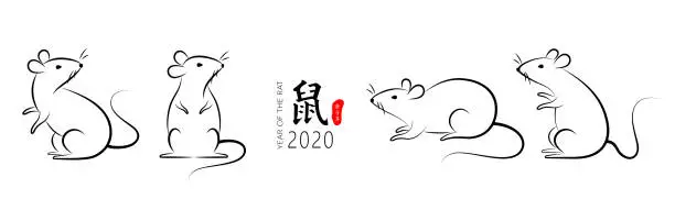 Vector illustration of A set of hand-drawn mouse vector illustrations in Chinese calligraphy style, Chinese characters: rat, the Chinese character on the red stamp is: Geng Zi Nian