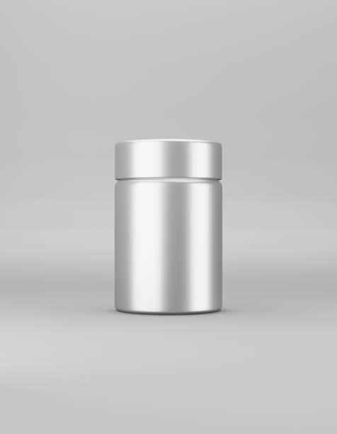 istock Medium metal jar with lid mockup on a gray background. Template packaging food, cosmetics, chemistry. 3D rendering 1183992933