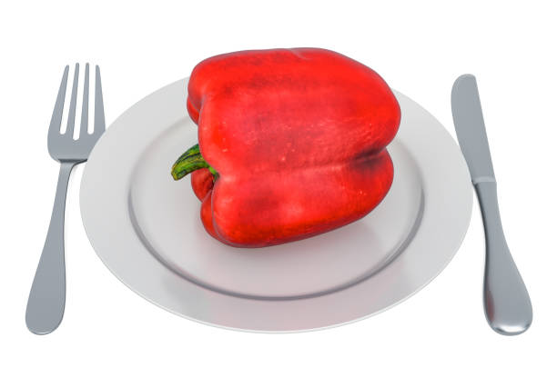 Fresh bell pepper on plate with fork and knife, 3D rendering isolated on white background