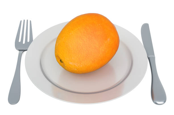 Orange on plate with fork and knife, 3D rendering isolated on white background