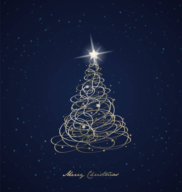 illustrazioni stock, clip art, cartoni animati e icone di tendenza di sfondo vettoriale natalizio con albero di natale e stelle sul cielo. - christmas tree christmas blue night
