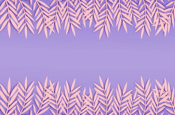istock Abstract paper cut pink leaves horizontal border for banner design, party invitation. Vector floral template. Jungle foliage illustration. Tropical paper palm leaves on purple background. 1183997176