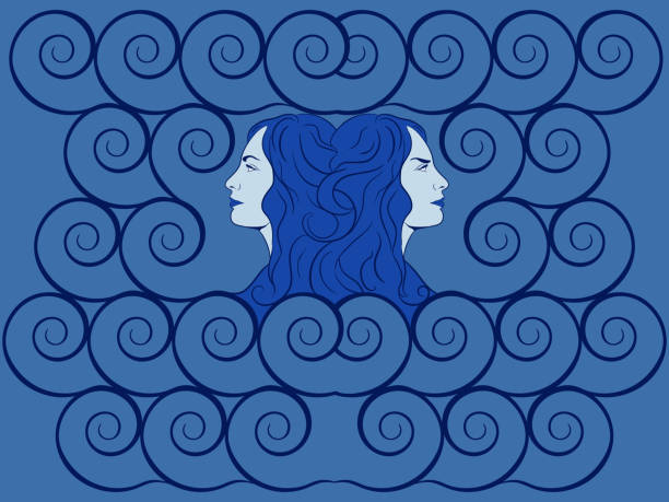 Portrait. Women in the image of a two-faced Janus. Sea goddess. Vector illustration Portrait. Women in the image of a two-faced Janus. Sea goddess. Vector janus head stock illustrations