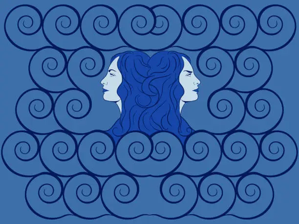 Vector illustration of Portrait. Women in the image of a two-faced Janus. Sea goddess. Vector illustration