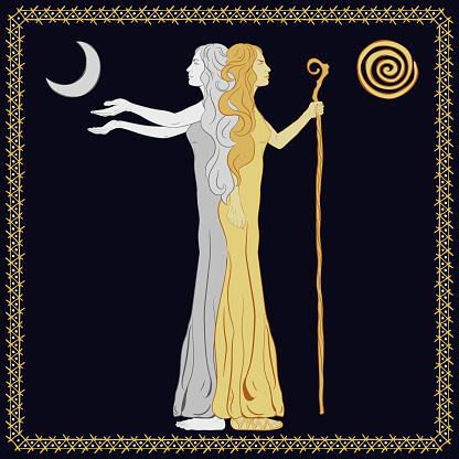 Women in the image of a two-faced Janus. A woman with a staff, stick. A woman with outstretched arms. Vector