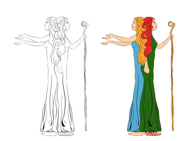 Women in the image of a two-faced Janus. A woman with a staff, stick. A woman with outstretched arms. Vector illustration Women in the image of a two-faced Janus. A woman with a staff, stick. A woman with outstretched arms. Vector janus head stock illustrations