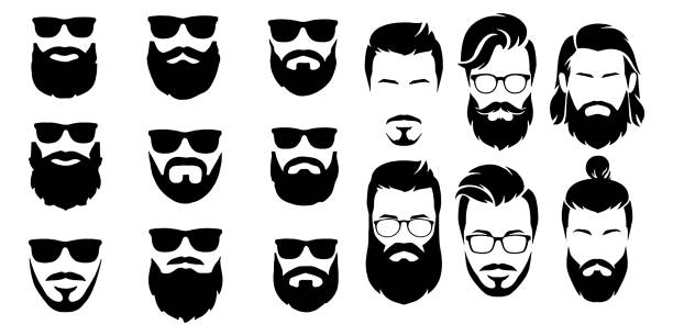 ilustraciones, imágenes clip art, dibujos animados e iconos de stock de icono barbudo conjunto vector ilustración fondo blanco - barba pelo facial