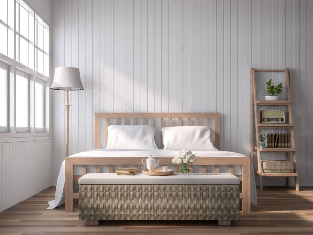 istock A vintage style bedroom with blank plank walls 3D render 1183998804