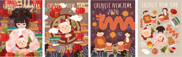 frohes chinesisches neujahr! 2020 ist das jahr der ratte. vektor japanische oder koreanische illustrationen für asiatischen urlaub: maus, geisha frau in kimono mit santa claus, familie feiert neues jahr - santa claus christmas cartoon traditional culture stock-grafiken, -clipart, -cartoons und -symbole