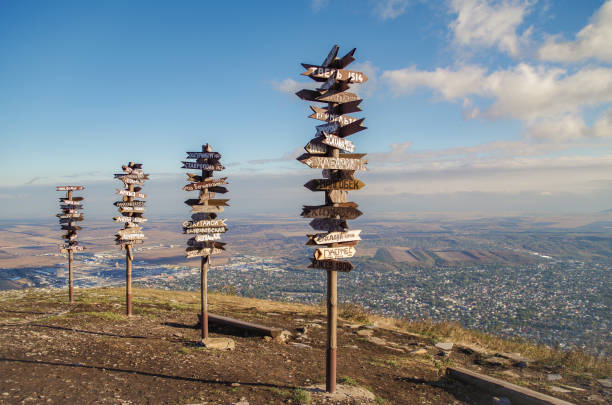 Wooden signs of direction with cities name on Mount Mashuk. Russia, Stavropol Krai, Pyatigorsk