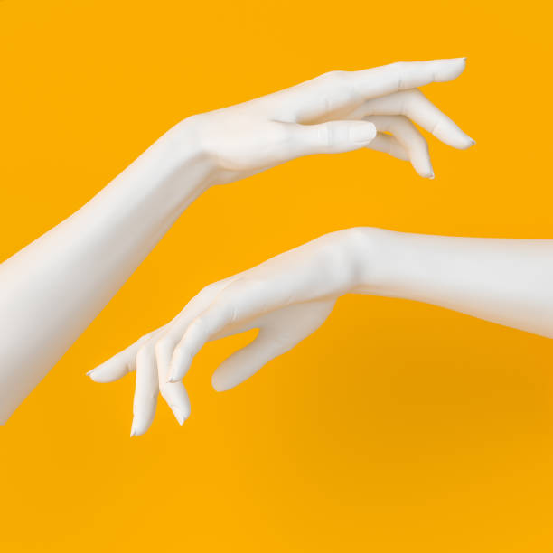 mostrando la mano della donna. elegante gesto della mano femminile bianca che indica qualcosa isolato sul rendering 3d giallo. - sculpture art abstract white foto e immagini stock