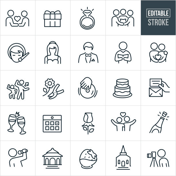 kuvapankkikuvitukset aiheesta wedding thin line -kuvakkeet - muokattava viiva - hääkakku