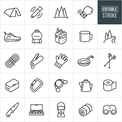 A set of outdoor gear icons that include editable strokes or outlines using the EPS vector file. The icons include a tent, glow stick, pine trees, gps watch, hiking shoe, backpack, two-way radios, coffee cup, river, stream, rope, saw, gloves, cooking pan, walking sticks, cooler, carabiner, coffee pot, toilet paper, knife, stove, lantern, sleeping bag and binoculars.