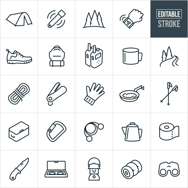 Outdoor Gear Thin Line Icons - Editable Stroke A set of outdoor gear icons that include editable strokes or outlines using the EPS vector file. The icons include a tent, glow stick, pine trees, gps watch, hiking shoe, backpack, two-way radios, coffee cup, river, stream, rope, saw, gloves, cooking pan, walking sticks, cooler, carabiner, coffee pot, toilet paper, knife, stove, lantern, sleeping bag and binoculars. glow stick stock illustrations