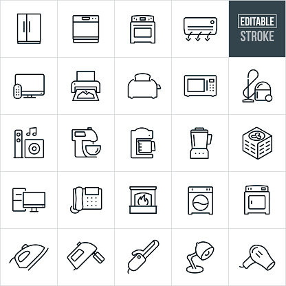 A set of home appliances icons that include editable strokes or outlines using the EPS vector file. The icons include a side by side refrigerator, dishwasher, oven, stove, air conditioner, television, printer, toaster, microwave, vacuum, entertainment system, speakers, kitchen mixer, coffee maker, blender, air conditioner, desktop computer, office telephone, fireplace, washer, dryer, iron, hand mixer, curling iron, lamp and blow dryer.