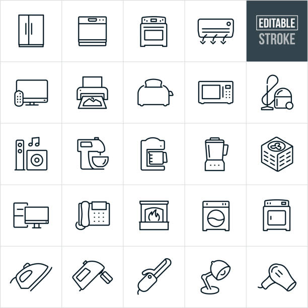 Household Appliances Thin Line Icons - Editable Stroke A set of home appliances icons that include editable strokes or outlines using the EPS vector file. The icons include a side by side refrigerator, dishwasher, oven, stove, air conditioner, television, printer, toaster, microwave, vacuum, entertainment system, speakers, kitchen mixer, coffee maker, blender, air conditioner, desktop computer, office telephone, fireplace, washer, dryer, iron, hand mixer, curling iron, lamp and blow dryer. toaster appliance stock illustrations