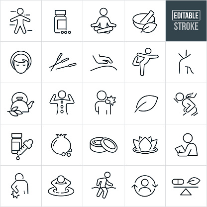 A set of alternative medicine icons that include editable strokes or outlines using the EPS vector file. The icons include supplements, herbs, alternative medicines, meditation, mortar and pestle, acupuncture, massage, masseuse, yoga, tea, hot stone therapy, aches, pains, hurt back, organic, pomegranate, body creams, lotus flower, hot tub, water therapy and other related icons.