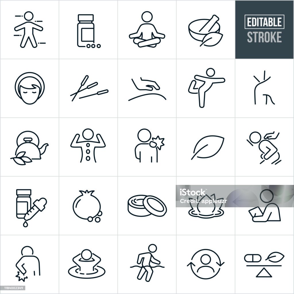 Alternative Medicine Thin Line Icons - Editable Stroke A set of alternative medicine icons that include editable strokes or outlines using the EPS vector file. The icons include supplements, herbs, alternative medicines, meditation, mortar and pestle, acupuncture, massage, masseuse, yoga, tea, hot stone therapy, aches, pains, hurt back, organic, pomegranate, body creams, lotus flower, hot tub, water therapy and other related icons. Icon stock vector