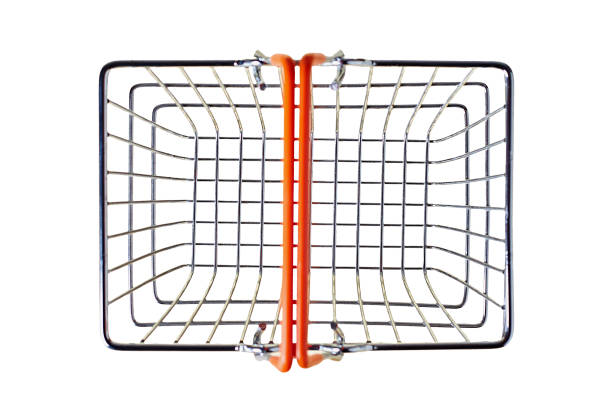 istock Empty metal market basket for purchasing with orange rubber handles isolated on white background without shadow. Top view 1184002441