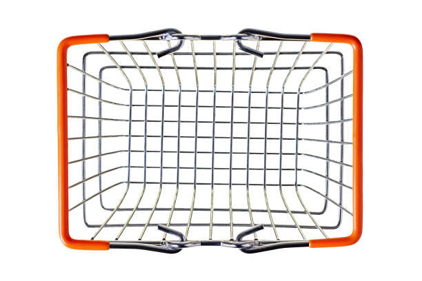 istock Empty metal market basket for purchasing with orange rubber handles isolated on white background without shadow. Top view 1184002464