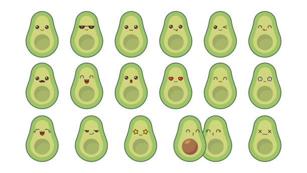 avocado süße kawaii maskottchen. set kawaii essen gesichter - kaputtlachen stock-grafiken, -clipart, -cartoons und -symbole