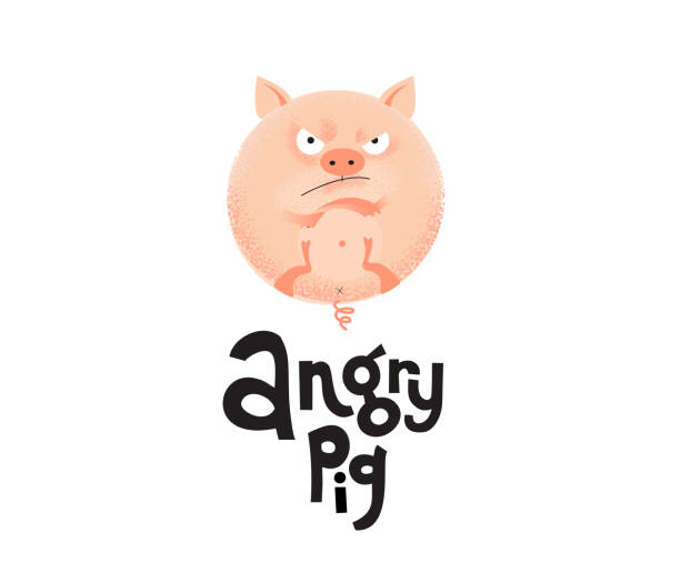 A round angry flesh color pig is lying on its back with its paw crossed. Unique flat textured illustration in cartoon style with lettering qoute for social media, poster,greeting card, banner, textile A round angry flesh color pig is lying on its back with its paw crossed.Unique flat textured illustration in cartoon style with lettering qoute for social media, poster,greeting card, banner, textile fat humor black expressing positivity stock illustrations