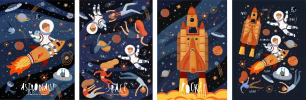 Vector illustration of Space! Vector cute illustration of an astronaut, spaceship, rocket, alien, UFO, sky and people for background, card or poster. Children's drawings of the starry sky and galaxy.