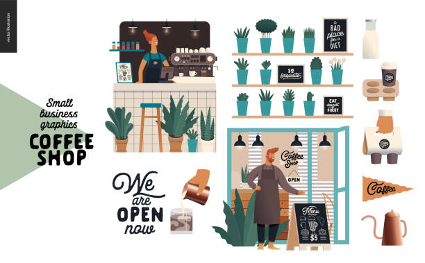 Coffee shop - small business graphics - set Coffee shop - small business illustrations - set - modern flat vector concept illustration of a coffee shop owner wearing apron, shop facade, barista woman, bar counter, coffee maker, plants, elements cafe illustrations stock illustrations