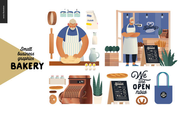Bakery - small business graphics - bakery set Bakery -small business illustrations -bakery set - modern flat vector concept illustration of a baker kneading the dough. Baker wearing apron in front of the shop facade, bakery elements small business illustrations stock illustrations