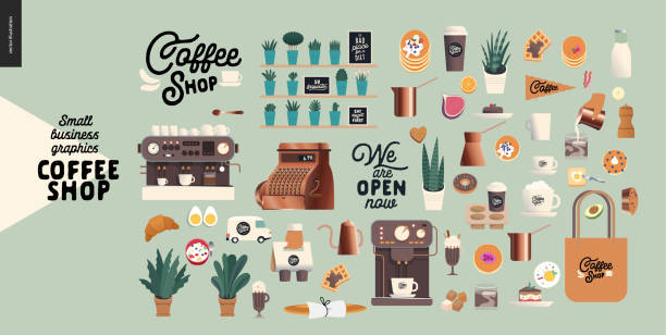 ilustraciones, imágenes clip art, dibujos animados e iconos de stock de cafetería - gráficos para pequeñas empresas - conjunto de constructores - espresso coffee cream coffee shop