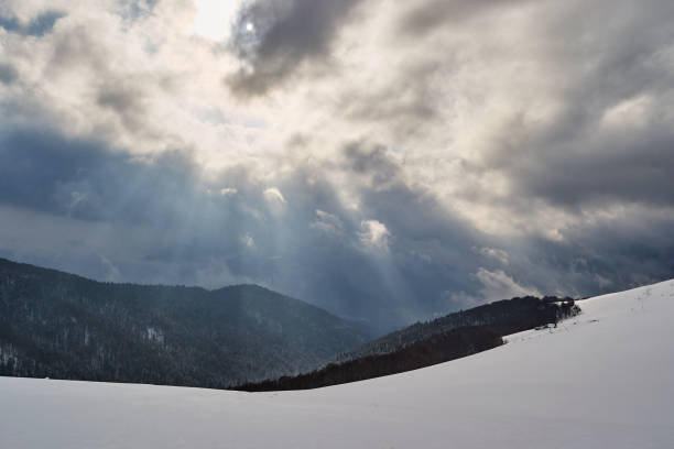 Sun rays breaking through the clouds in Winter, above a forest and a snow covered mountain, at Baiului mountains (Carpathians), Romania.
