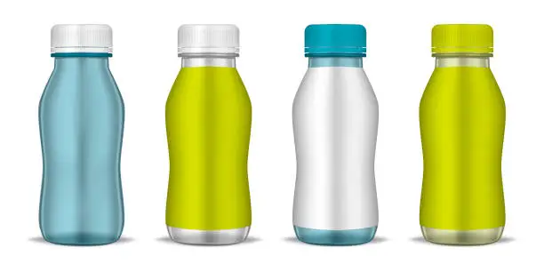 Vector illustration of Clear bottle with round screw cap and blank label, realistic mockup illustration. Liquid food product, drink container package set, vector template. Easy to recolor