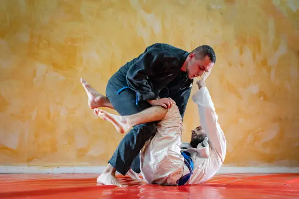 Two brazilian jiu jitsu athletes working on BJJ guard position at the training sparring or drilling fighters at the academy class