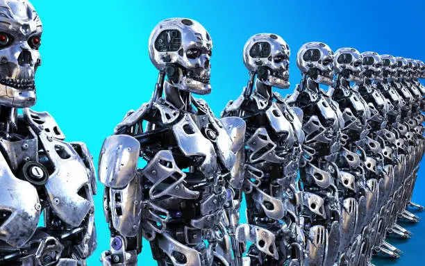 3d Illustration or Models of many Robotic Cyborg Servants with Clipping Path.